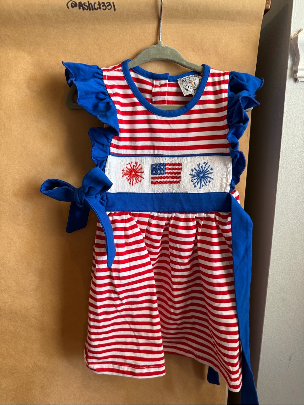 Girls' Red & White Smocked Striped Dress with Blue Trim and Embroidered Flag
